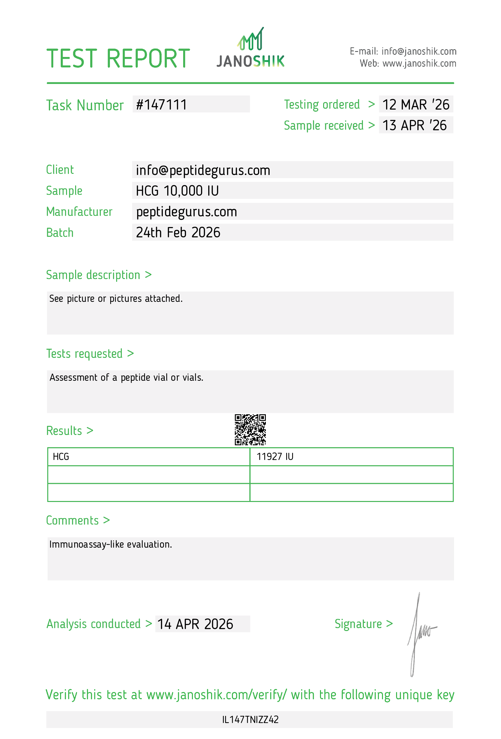 Test Report Hcg 10k IU April 2026